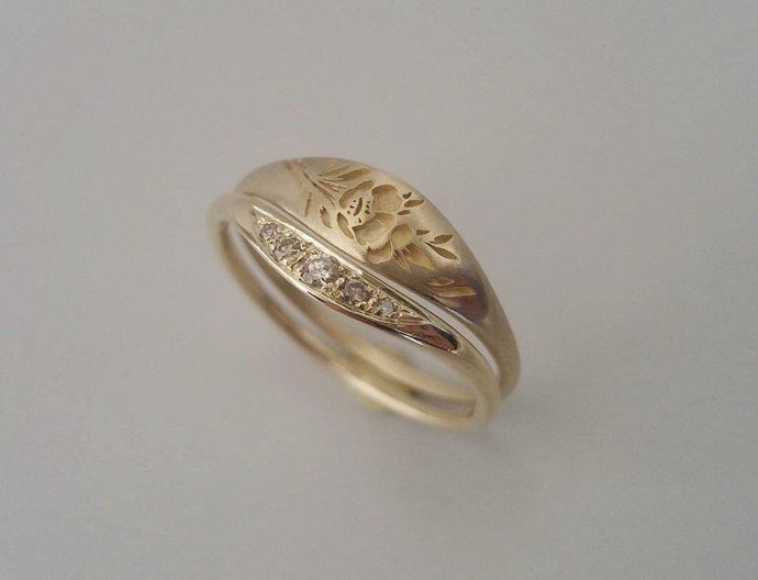 Vintage style engagement and wedding rings, Cognac diamonds engagement ring, unique engagement and wedding ring set, 14k floral wedding ring